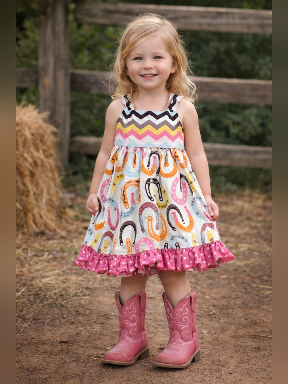 Lolly Wolly Doodle 3T Horseshoe Cowgirl Dress Chevron Top Pink Ruffle Boutique